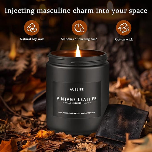 2 Pack Men Candles | Smoke & Vanilla + Vintage Leather - Scented Candles for Men - Masculines Candle - Soy Candle for Home Scented, Man Gifts, Black Jar - 7oz