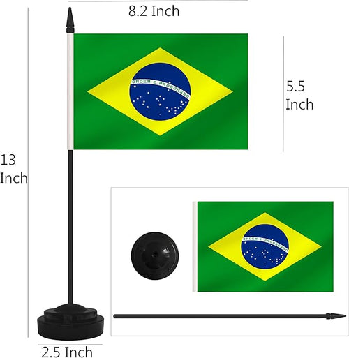 2 Pack Brazil Desk Flag Set, Brazilian Desktop Small Miniature Table Office Flag with 12" Black Pole and Black Base, Offices, Classroom, Home, Festival Decoration (Brazil)