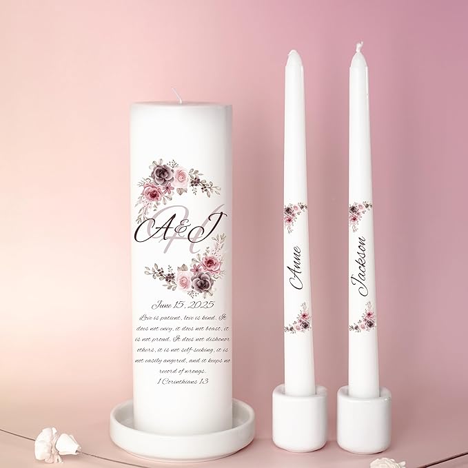 Unity Candles for Wedding, Modern Unity Set, Custom and Personalized Pillar and Taper Candles with Bible Quote, Unscented White Premium Wax, Religious and Wedding Ceremony, Special Events (Clover)