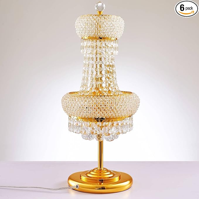 6-Lights Golden Finish Classic Empire Style K9 Crystal Ball Bedside Desk Table Lamp Night Light Fixture for Living Room Dining Room Bedroom Office Home Table Decoration (W 10 × H 22 inch)
