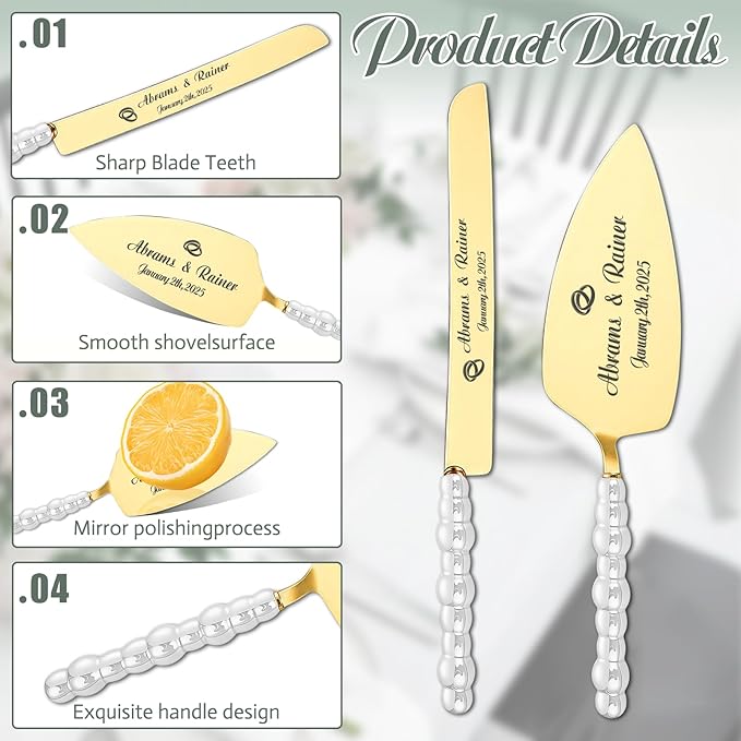 HJX Personalized Wedding Cake Knife and Server Set - Custom Name Engraved Cutting Set with Elegant Gift Box, Ideal for Bridal Wedding Anniversary Birthday Gifts (Pearl handle)