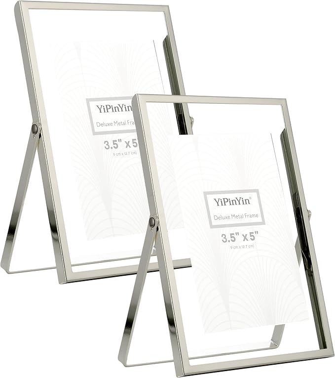 Silver 4x6'' Floating Frame Set of 2,For Photo Sizes (2x3'',3.5x 5''),Silver Plated Metal Double Frames 4x6'' for Tabletop/Shelf Photo Frame,Wedding,Birthady,or Office Decoration Frame
