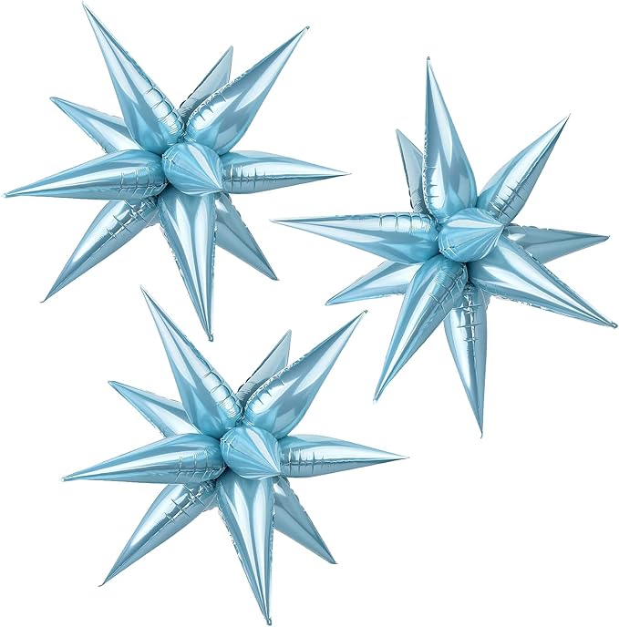 3pcs 26inch 3D Explosion Star foil balloon, Pearled Blue Foil Cone star burst Balloons for Birthday Wedding New Year Party Event