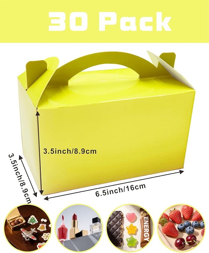 TIMESEEK 30-Pack Buttercup Yellow Gable Treat Boxes with Handles, 6" Pop-Up Party Favor Gift Boxes for Birthday,Wedding,Baby Shower, Eco-Friendly Candy,Cookie,Goodie Bags for Kids, Bachelorette Decor