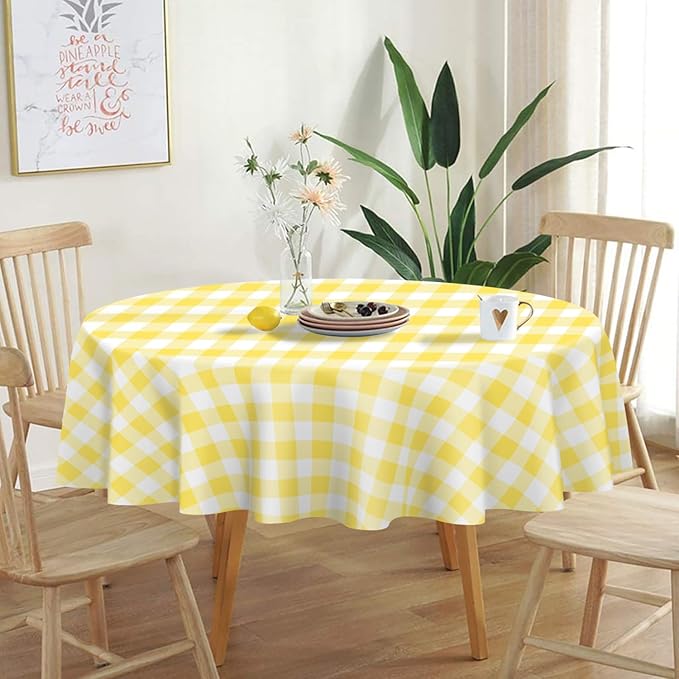 QIKSION Yellow Gingham Round Tablecloth 12 Pack, 84 Inch Plastic Checkered Table Cover Disposable for Parties