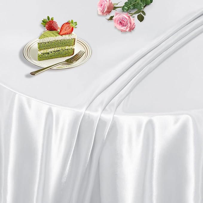 KKJIAF 1 Pack Round Table Cloths 90 Inch, White Overlay Round Satin Table Cover, Silky Satin Dining Tablecloths for Wedding Buffet Parties Banquet Decoration