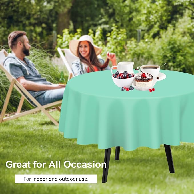QIKSION Fresh Mint Round Tablecloth 3 Pack, 84 Inch Plastic Table Cover Disposable for Parties