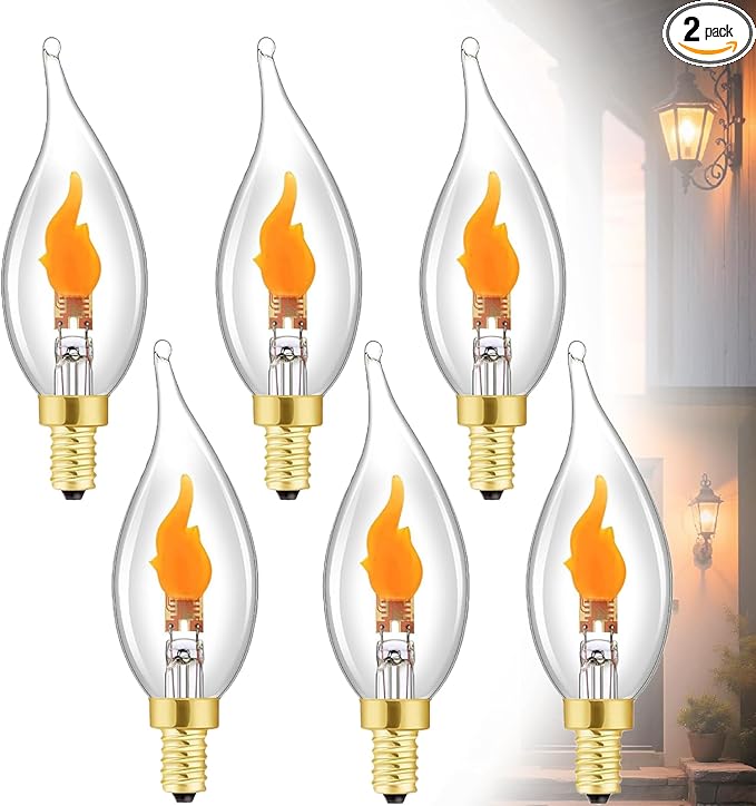 Stereover E12 LED Flickering Flame Decoration Light Bulbs, Stereover Flicker Bulb, E12 Flickering Flame Light Bulbs - Realistic Blaze Effect, Perfect Ambiance for Halloween, Christmas (6 Pack)