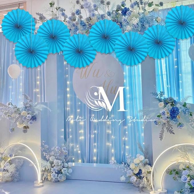 Blue Hanging Paper Fans,Blueaccessories Paper Decorations for Party,Blue Harmony Classroom Decorations,Party Decorations for Boys 12in Hanging Paper Fans 30 Color DIY Set (Sky Blue)