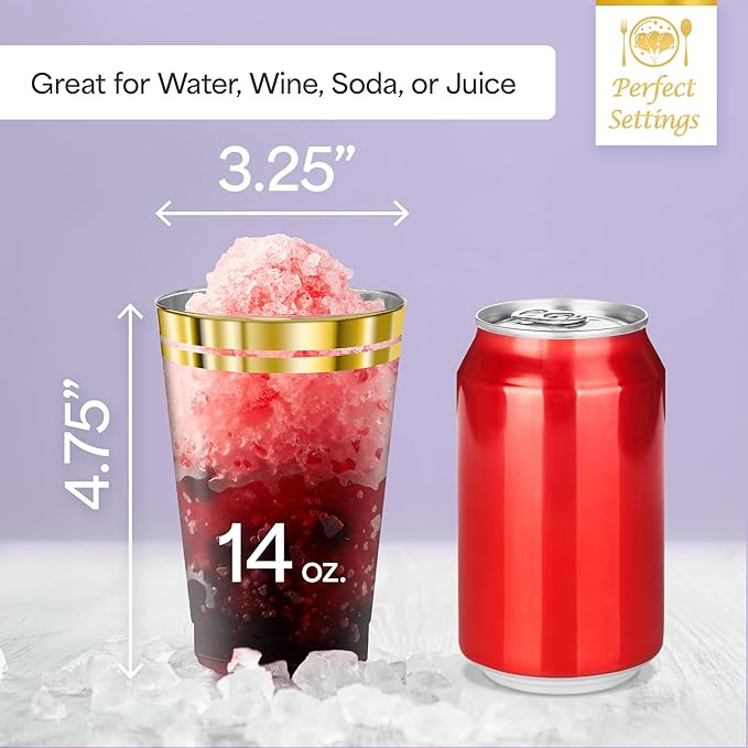 Perfect Settings Premium Double Gold Rimmed Disposable Plastic Cups, Durable Clear Plastic Drinking Glasses for Cold Beverages & Cocktails, BPA-FREE, Disposable Wedding Cups, 14 oz. (Pack of 100)