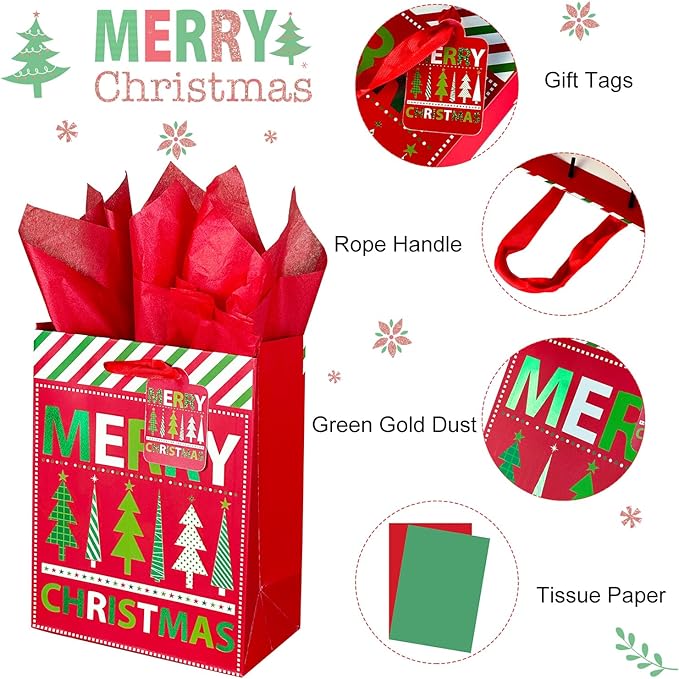 GITMIWS 12 Pack Christmas Paper Gift Bags with Tissue Paper, 9'' Medium Christmas Treat Gift Bags Bulk with handles, Xmas Shopping Tote Goodie Bag for Kids, Xmas Party Favor Decor