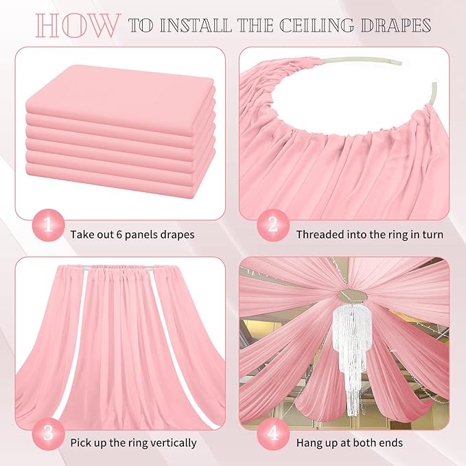6 Panels Dusty Rose Ceiling Drapes for Wedding 5ftx20ft Chiffon Fabric Arch Draping Curtains Sheer Drapery for Party Ceremony Birthday Baby Shower Reception Stage Swag Ceiling Decorations