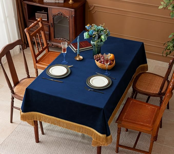 F-CHU Luxury Blue Tablecloth Thickset Velvet Tablecloth with Beautiful Gold Tassels Vintage Table Cloth for Home Decor Wedding, Party, Banquet and Events 60x102-Inch