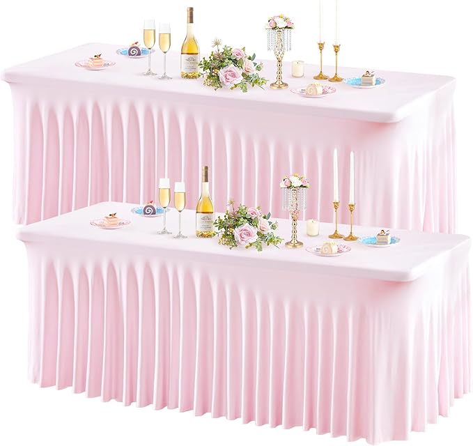 Wish Care 2 Pack Pink Spandex Table Clothes for 4 Foot Rectangle Tables, 4FT Wrinkle Free Fitted Tablecloths Ruffles Design Table Cover for Party, Banquet, Wedding and Events