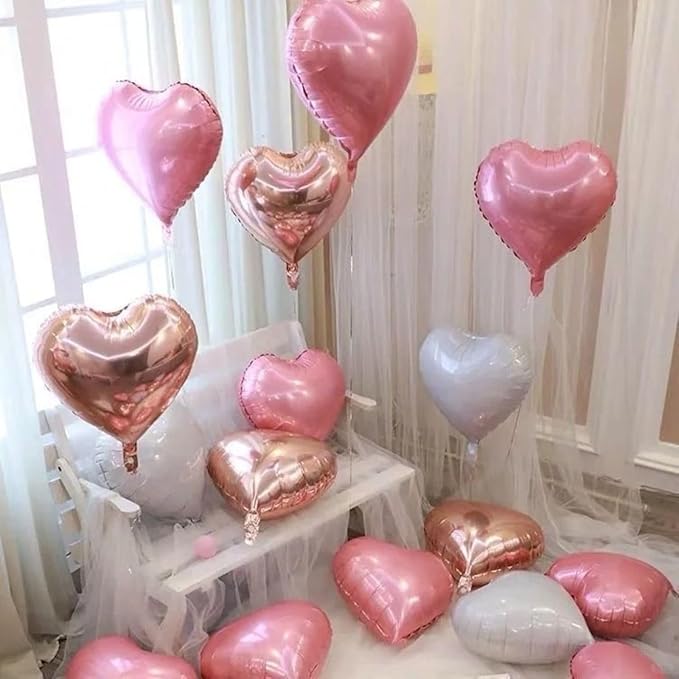 12 Pcs Heart Balloons, 18 inch Rose Gold Heart Shaped Balloons, Big Foil Helium Balloon, Love Balloon for Wedding Baby Shower Anniversary Backdrop Valentine Party Decorations