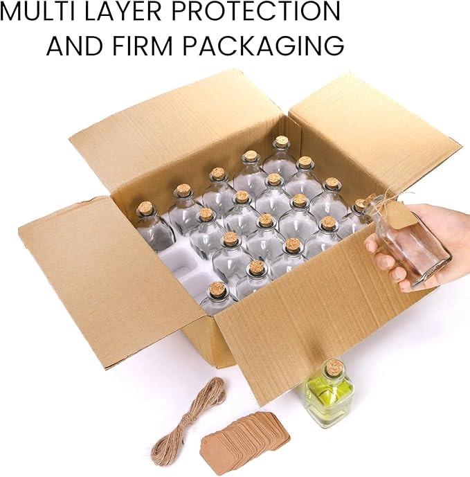 ZOOFOX 20 Pack Glass Bottles with Cork Stoppers, 3.4 oz Small Vintage Style Favor Jars, Clear Empty Cork Bottles for Party Favors, DIY Crafts, Extra Tags and String
