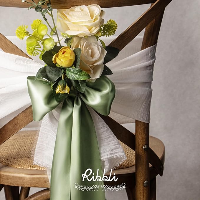 Ribbli Dusty Sage Satin Ribbon 4 Inch Wide Sage Green Ribbon for Wedding Chair Sash Grand Opening Ceremony Big Bows Gift Wrapping Floral Crafts Cake Decor-Double Faced Satin Continuous 10 Yards