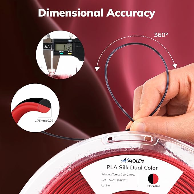 AMOLEN Silk PLA 3D Printer Filament, Silk Dual Color Red Black PLA Filament 1.75mm, Shiny Coextrusion PLA Filament, Color Change 3D Printing Filament 1KG/2.2lb