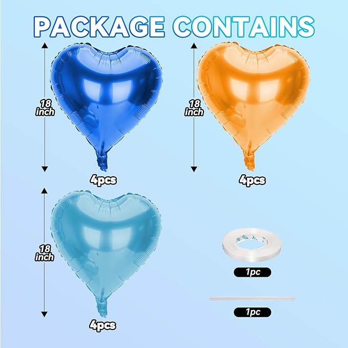 12 Pcs Heart Balloons, 18 inch Orange Blue Heart Shaped Balloon, Large Helium Foil Orange Blue Balloons for Wedding Baby Shower Anniversary Backdrop Valentine Theme Party Decoration