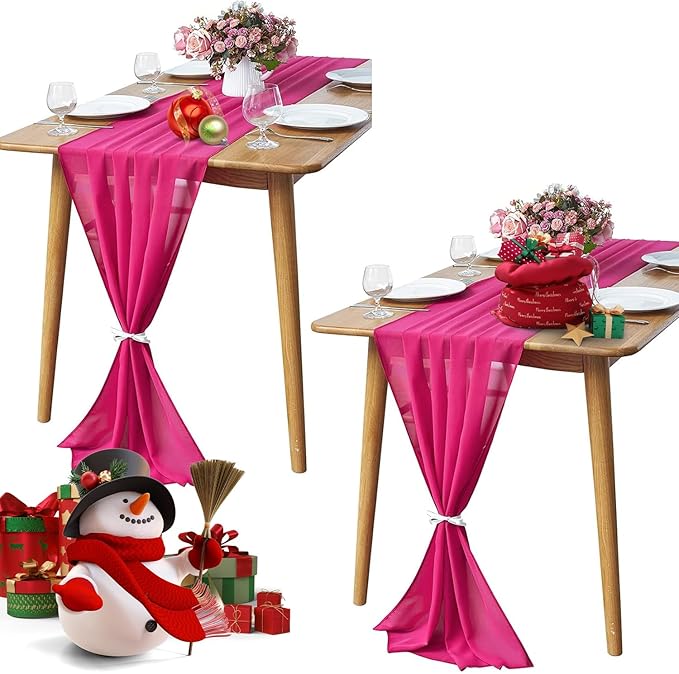 2 Pack 10Ft Fuchsia Chiffon Table Runner Sheer 29x120 Inch for Romantic Wedding Decor Bridal & Baby Shower Birthday Rustic Party Decoration