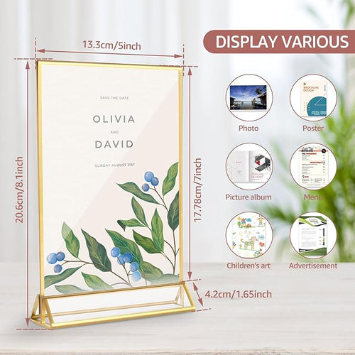 18 Pack Acrylic Sign Holder, 5x7 Inch Double-Side Gold Picture Frames Stands for Display, Vertical Table Top Sign Holders for Wedding, Party, Offices, Table Numbers, Home