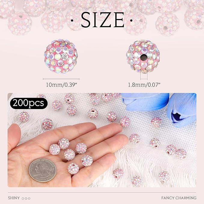 200pcs 10mm Pink AB Rhinestone Beads for Jewelry Making, Shiny Round Shamballa Disco Ball Beads Bulk, Sparkle Crystal Clay Christmas for Bracelet Baseball Necklace Earring Crafting and DIY