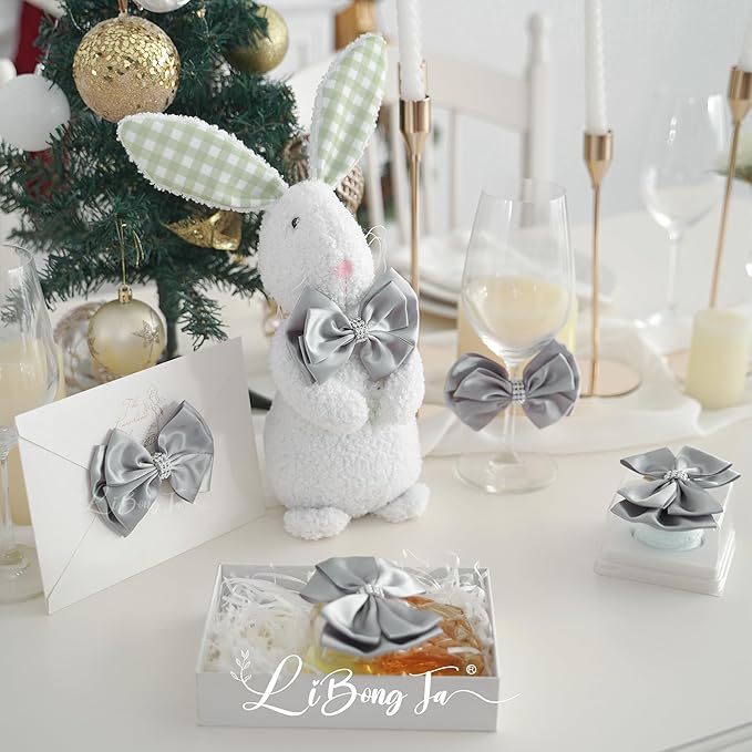 Silver Satin Bows 4'' Premade Ribbon Bow, Silver Gift Bows with Rhinestone, Wrapping Bows for Presents, Greeting Cards, Treat Bags, Wine Bottles, Valentines Bows for Gift Wrapping-12 Counts
