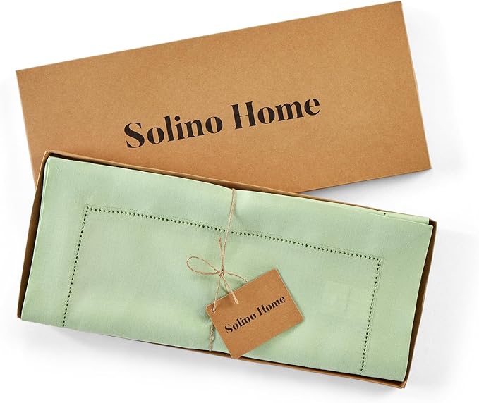 Solino Home Linen Table Runner 90 Inches Long - 100% Pure Linen Light Green Table Runner 14 x 90 Inch - Classic Hemstitch