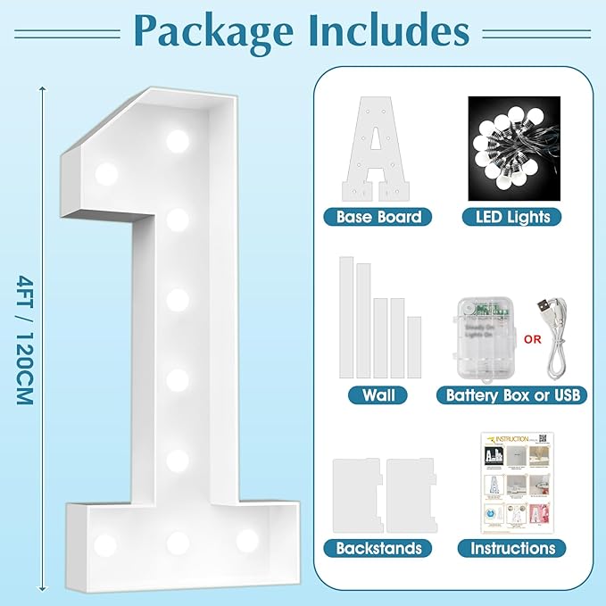 Ledido 4FT Marquee Light Up Numbers, Cool White Light Up Numbers Large Marquee Numbers for Party Decorations,5th 15th Birthday Anniversary Decor, Number 5
