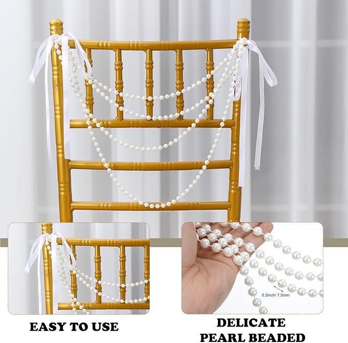 Wedding Pearl Bow Chair Decor Satin Ribbon Bows with Pearl Beaded String Garland Aisle Chair Sashes Decorations for Ceremony Coquette Party Banquet Decor