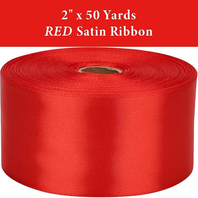 2" x 50 Yards Red Satin Ribbon Single Faced Fabric Ribbons for Gift Wrapping, Large Crafting Projects, Flower Bouquet, Wedding, Home Decor