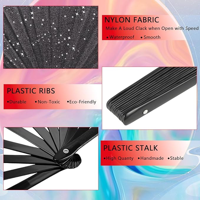 Glitter bling Large Folding Fan-Hand Fan Rave Clack Popping Fan for Line Dancing Clacking Fans for Boots On The Ground Dance, Party for EDM, Music Festival, Hot Flashes, Party, Decoration(2pcs black)
