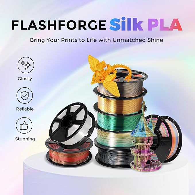 FLASHFORGE Silk Dual Color Filament, Black and Gold 2 in 1 Coextrusion Silk PLA Filament 1.75mm, 3D Printer Filament Color Change 1kg(2.2lbs) Spool, Dimensional Accuracy +/- 0.02mm