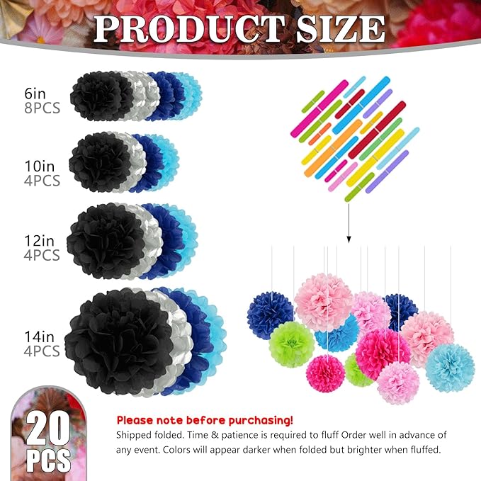 Tissue Paper Pom Poms, Black Silver Blue Tissue Paper Flowers, Hanging Flower Balls for Weddings Fiesta Parties Birthday Baby Showers Classroom Bridal Shower Decoration (20Piece Set-6/10/12/14Inch)