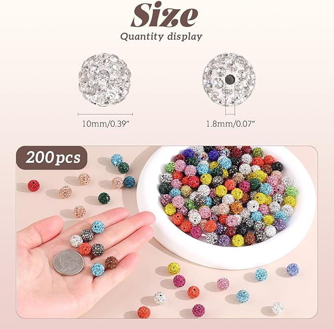 200pcs 10mm Rhinestone Beads for Jewelry Making, Light Peach Shiny Round Disco Ball Beads Bulk, Sparkle Crystal Clay Christmas for Bracelet Baseball Necklace Earring Crafting and DIY