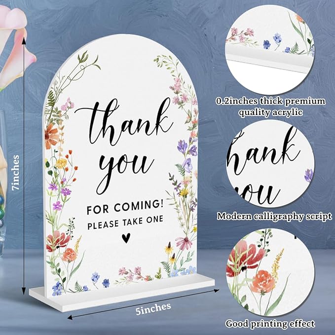 Acrylic Wedding Signs, Thank You for Coming Signs for Marriage Reception, Bridal Shower Decorations, Modern Arched Round Top Acrylic Table Top Sign with Holder for Wedding Party (White Wildflowers)