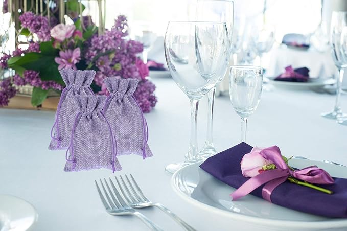 20pcs Burlap Bags with Drawstring 3.9 x 5.5 inch, Linen Gift Bags Jewelry Pouches Sachets for Christmas Wedding Party Favor (Light Purple)