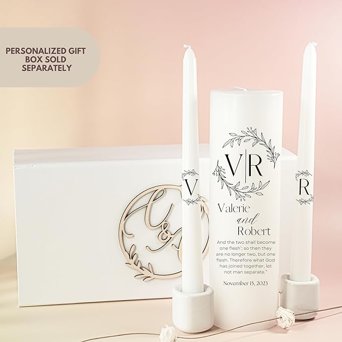 Unity Candles for Wedding, Modern Unity Set, Custom and Personalized Pillar and Taper Candles with Bible Quote, Unscented White Premium Wax, Religious and Wedding Ceremony, Special Events (Black)