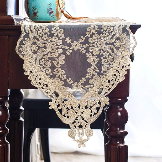 ARTABLE Rectangle Table Runner Lace Macrame Embroidered Table Runners with Exquisite Vintage Shabby Chic for Holiday Wedding Long Dinner Tables (Light Gold, 12 x 70 Inch)