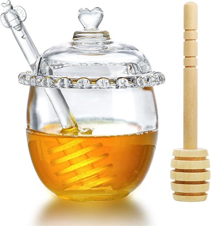 Kanpura Glass Honey Jar with Dipper and Lid, 6oz Crystal Honey Dispenser, Containers for Home Kitchen