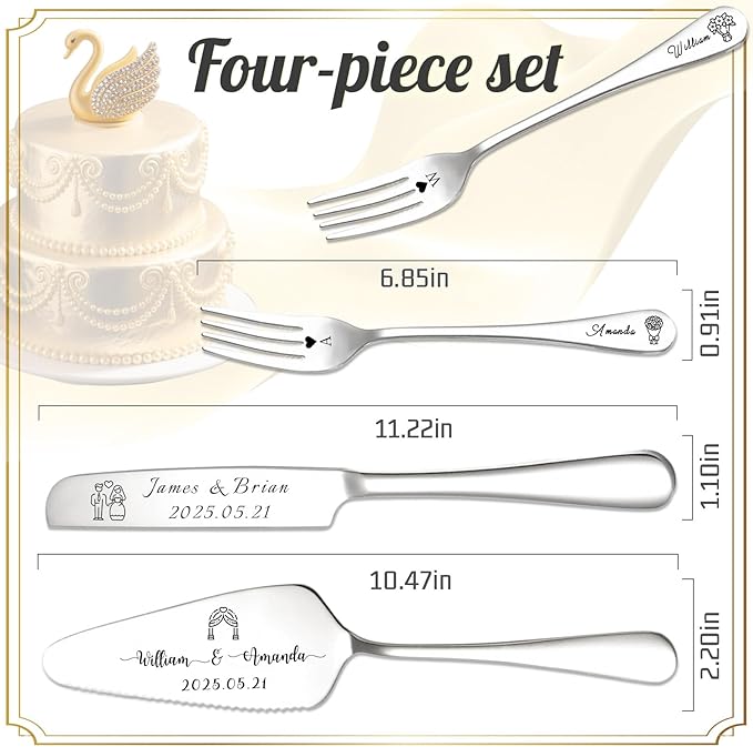 Custom Wedding Cake Knife and Server Set Personalized Cake Cutter with Engraved Text Bridal Cake Cutting Set with Gift Box for Weddings Anniversary Birthday (Silver - with fork)