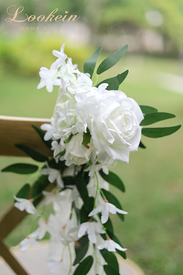 Lookein Set of 8 Pew Flowers for Wedding Ceremony Chair Decorations Bench Decoration Wedding Aisle Chair Decoration, Natural White