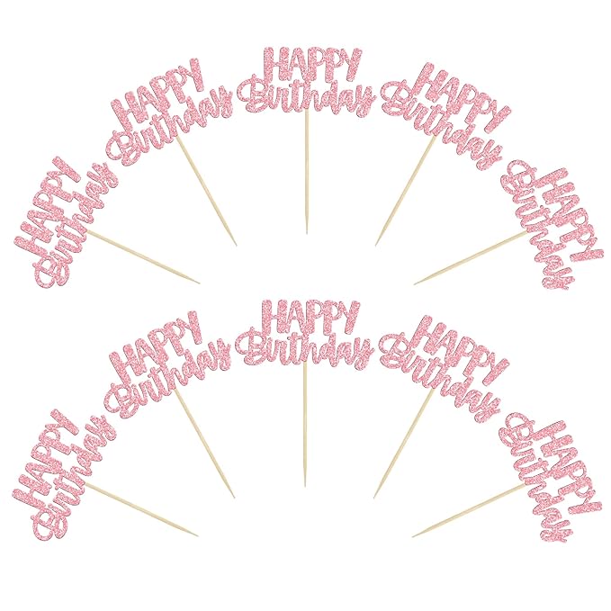 Gyufise 24Pcs Happy Birthday Cupcake Toppers Pink Glitter Celebrating Birthday Cake Picks Baby Shower Kids Birthday Party Decoration Supplies