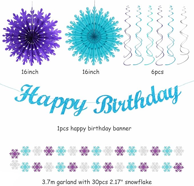 Winter-Wonderland Christmas-Snowflake Frozen Birthday Party-Decorations - 21pcs Happy Banner,Blue Purple Teal Paper Lanterns Honeycomb Streamers,Tissue Pom Poms Flower Fan,Hanging Decor Huglony