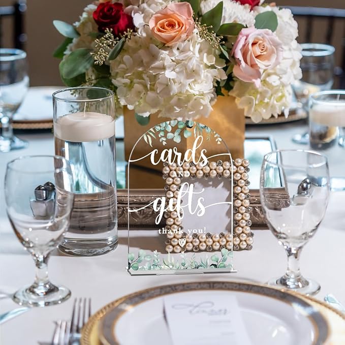 Acrylic Wedding Sign Cards and Gifts Signs Ceremony Modern Calligraphy Arch Acrylic Table Top Signs for Wedding Reception and Event Party Table Decor (Eucalyptus Leaves)