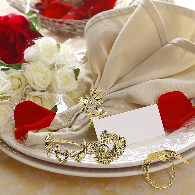 Cunhill 8 Pieces Herb Napkin Rings Set Vintage Leaf Napkin Holders Rings Glossy Holder Adornment Metal Table for Graduation Holidays Wedding Graduation Party Decor Everyday Use(Gold)
