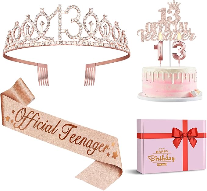 13th Birthday Decorations for Girls, Including 13th Birthday Crown/Tiara, Official Teenager Sash and Cake Topper, Number Candles, 13 Year Old Girl Gifts