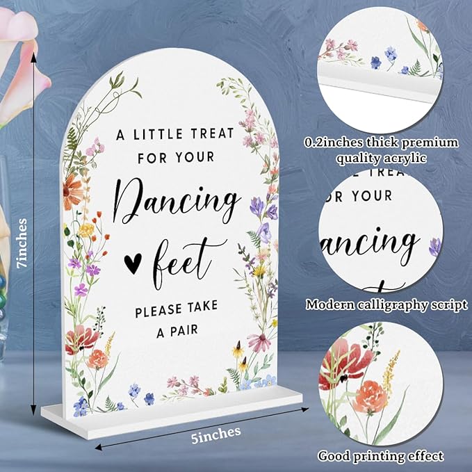 Acrylic Wedding Signs, Dancing Feet Signs for Marriage Reception, Bridal Shower Decorations, Modern Arched Round Top Acrylic Table Top Sign with Holder for Wedding Party Dinner (White Wildflowers)