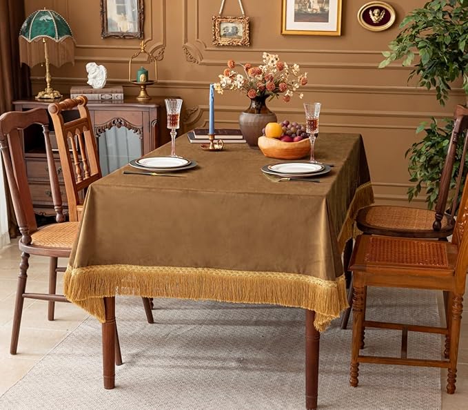 F-CHU Luxury Camel Tablecloth Thickset Velvet Tablecloth with Beautiful Gold Tassels Vintage Table Cloth for Home Decor Wedding, Party, Banquet and Events 67x120-Inch