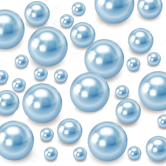 120 PCS 8/14/20mm No Hole Polish Pearl Beads for Centerpiece, Light Blue Beads Decorative Vase Fillers, Plastics Pearls for Vases, Table Scatters, Wedding Party Decor